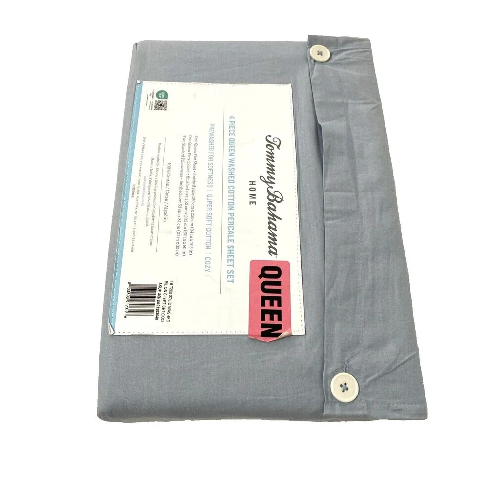 Tommy Bahama Queen Sheet Set 4 Pieces Home Washed Cotton Percale Blue Sky New